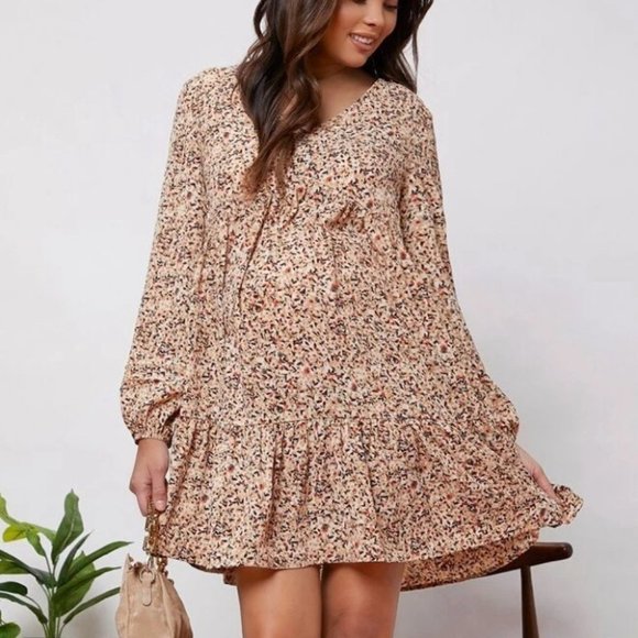 Maternity Mini Floral Print long sleeved v-neckline Flounce Hem Dress - Picture 2 of 8